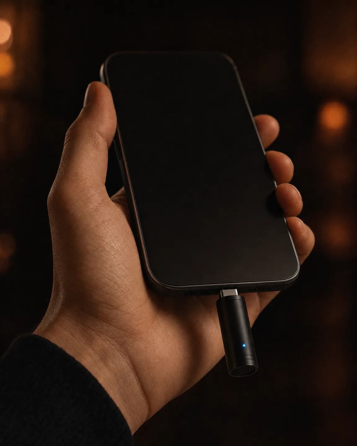 Mechero negro enchufado al USB-C de un móvil, con el LED azul de listo encendido