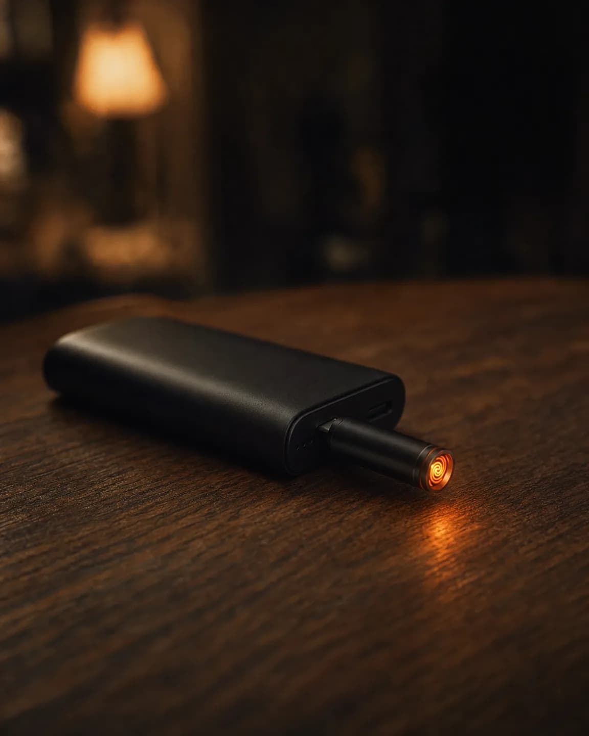 Mechero negro enchufado a una batería externa sobre una mesa de madera, con la resistencia encendida