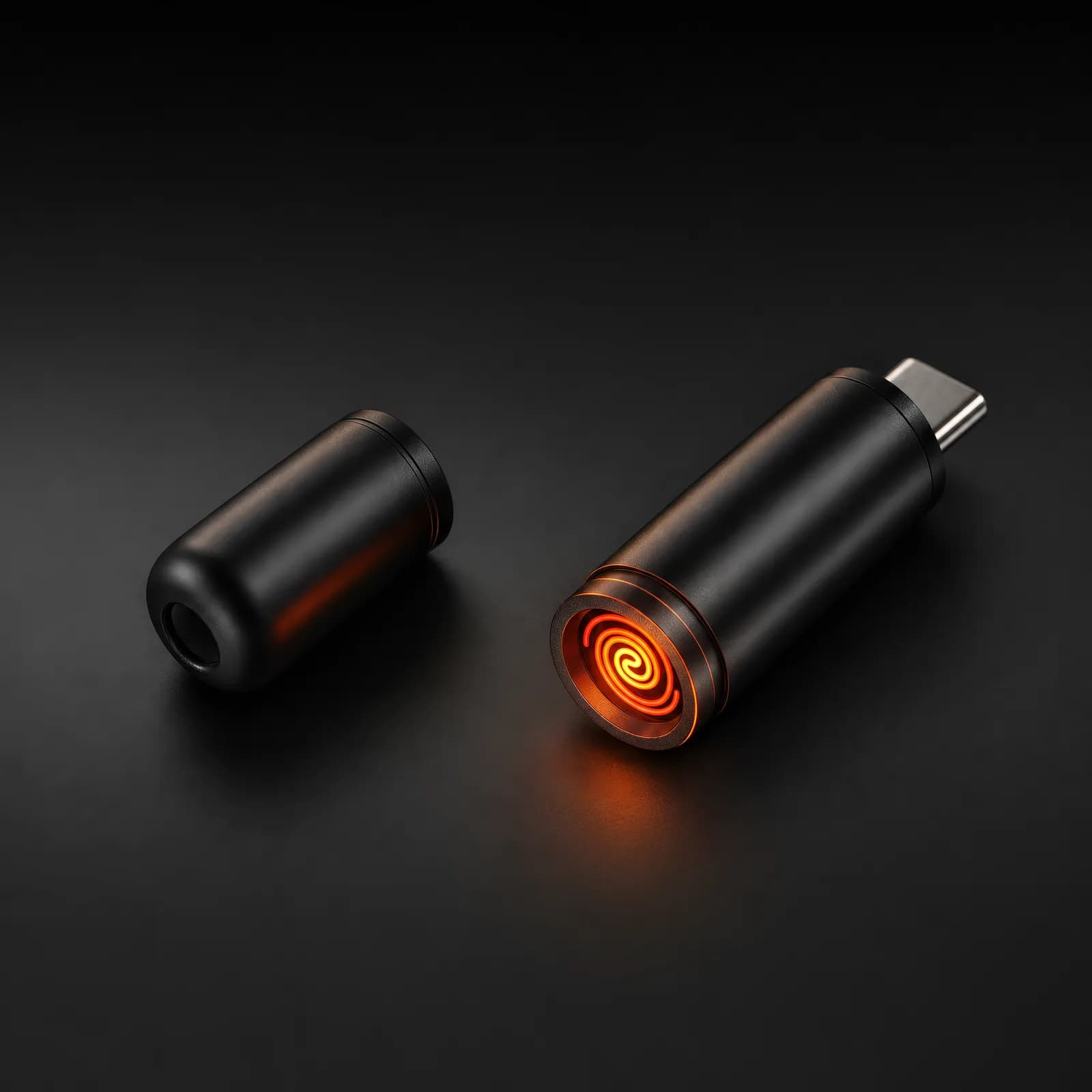 Un mechero USB-C negro con la resistencia encendida y su tapa al lado