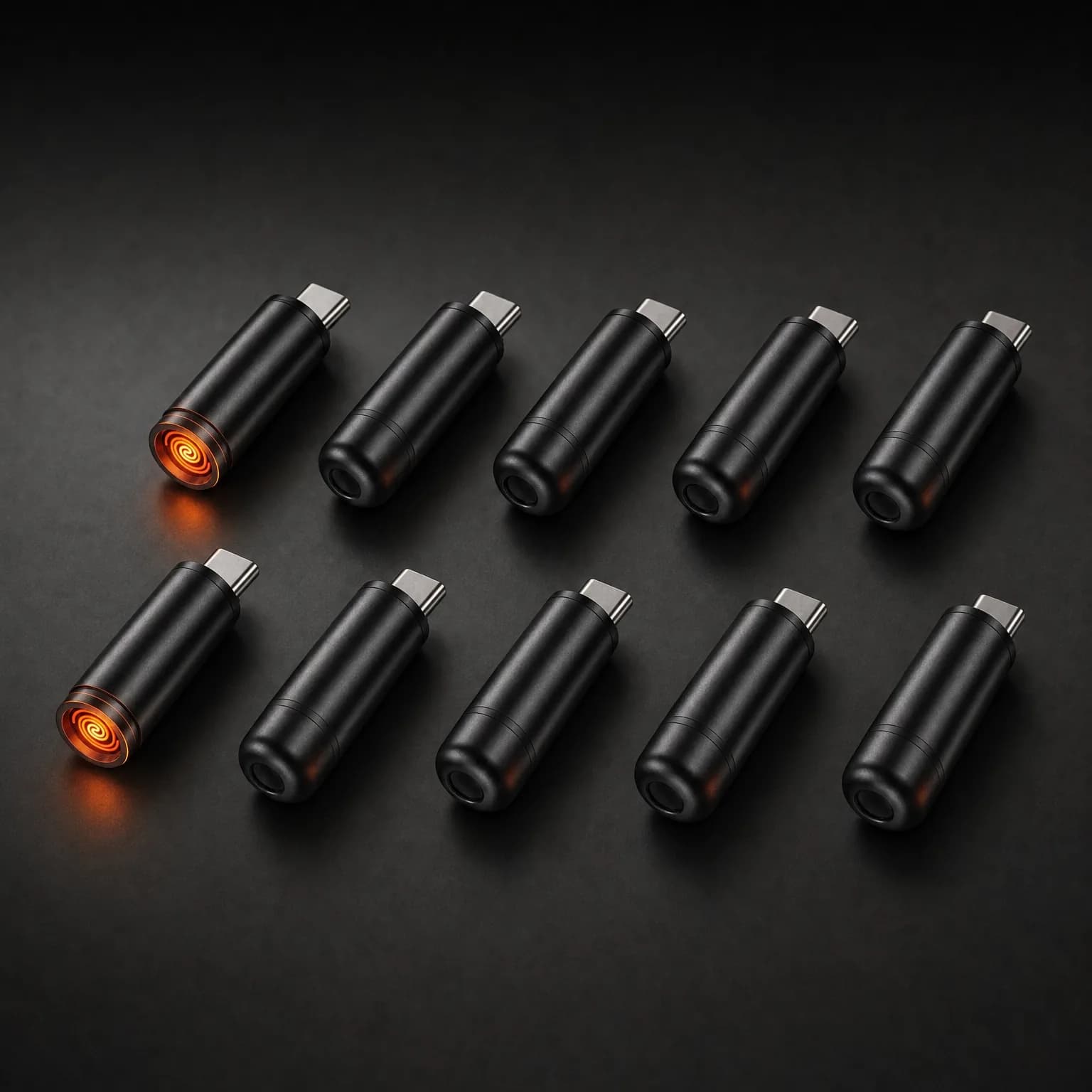 Pack de diez mecheros USB-C negros en dos filas